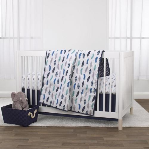 Little Love by NoJo Feathers Boy 3 Piece Crib Bedding Set - Allover print, Navy, Grey and Aqua - Comforter, Fitted Crib Sheet and Dust Ruffle, Polyester, Infant Boy