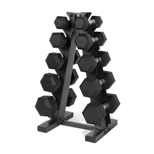 Fuel Pureformance by CAP 150 lb Coated Rubber Hex Dumbbell Weight Set with A-Frame Rack, Black