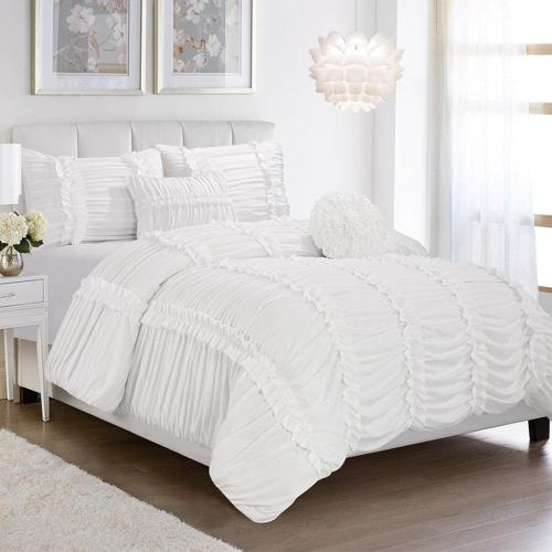 Homechoice 5-Piece Oversize Solid Off-White Handmade Ruched Ruffle Comforter Queen Set - 100% Pre-washed Microfiber All Season Bedding Set - Hypoallergenic - Breathable Home Collection(Ariel)
