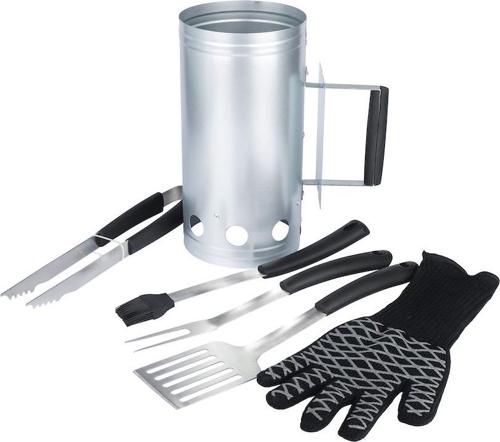 PitMaster King Steel Charcoal Chimney 6pc Value Set with Spatula, Basting Brush, BBQ Fork, Tongs and EN407 Certified 932F Heat Resistant Glove