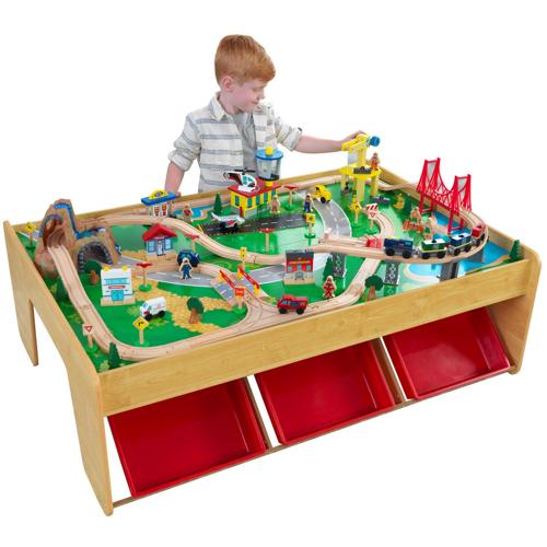 KidKraft Waterfall Mountain Wooden Train Set and Table with 120 Pieces, 3 Storage Bins