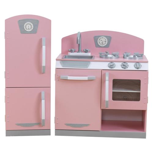 KidKraft Pink Retro Wooden Play Kitchen and Refrigerator 2-Piece Set