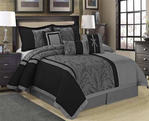 HIG 7 Piece Traditional Comforter Set, Jacquard Patchwork, Gray, Queen