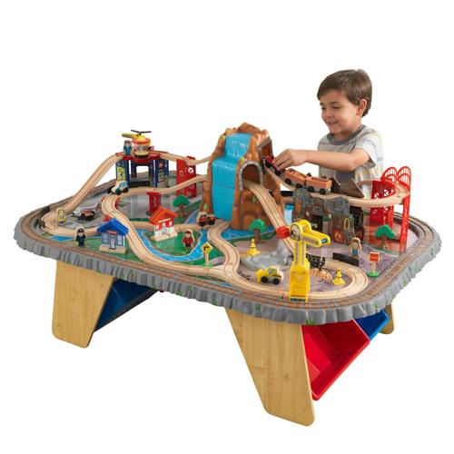 KidKraft Waterfall Junction Wooden Train Set and Table with 4 Storage Bins, Toy Playsets
