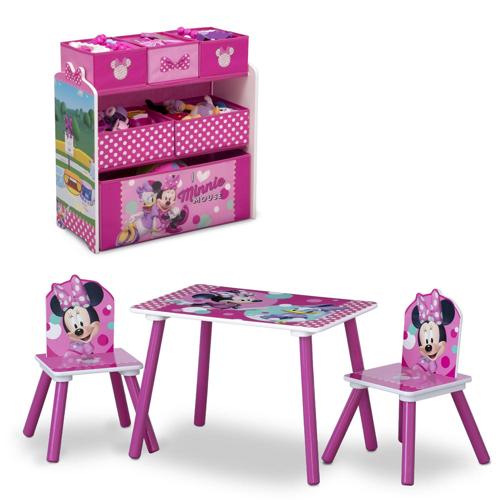Disney Minnie Mouse 4-Piece Playroom Solution by Delta Children a Set Includes Table and 2 Chairs and 6-Bin Toy Organizer