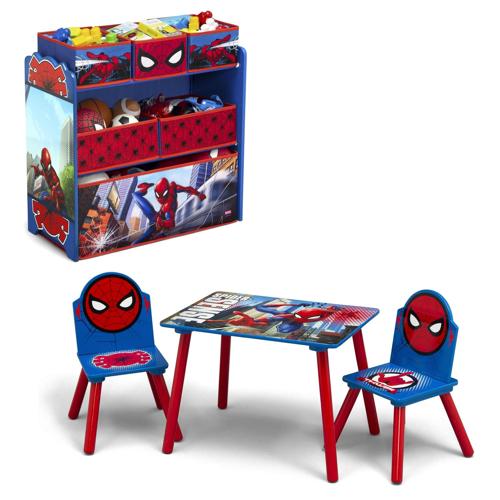 Marvel Spider-Man 4-Piece Playroom Solution by Delta Children - Set Includes Table and 2 Chairs and 6-Bin Toy Organizer, Greenguard Gold Certified