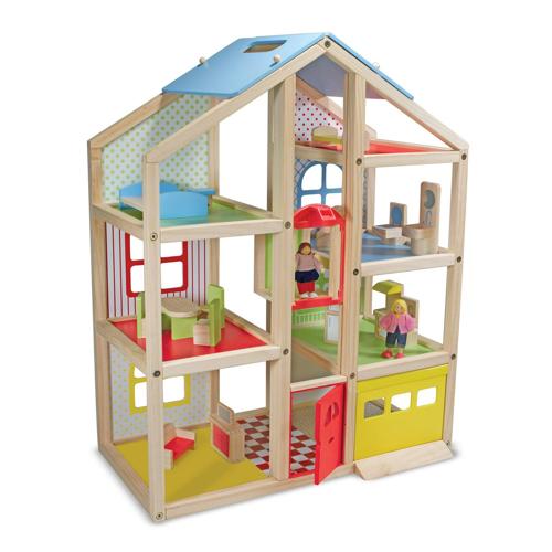 Melissa and Doug Wooden Hi-Rise Dollhouse With 15 Furniture Pieces, Garage, Working Elevator