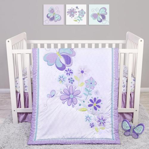 Sammy and Lou Butterfly Meadow 4 Piece Crib Bedding Set. Colors of Purple, Aqua and Green. 100% Polyester Fill.