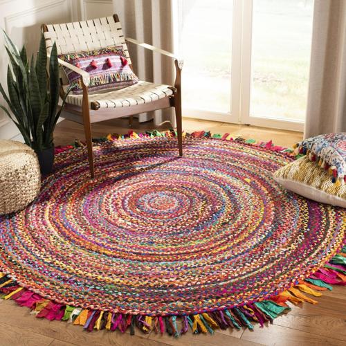 Safavieh Handmade Braided Libby Country Cotton Rug with Fringe Red/Multi 6'*6' Round 6' Round Red Round