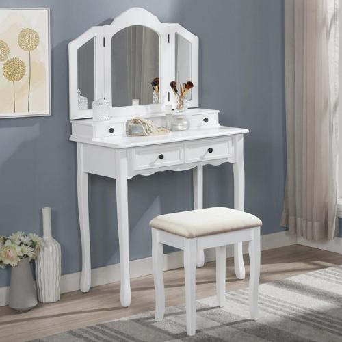 Roundhill Furniture Sanlo Wooden Vanity Make Up Table and Stool Set, White