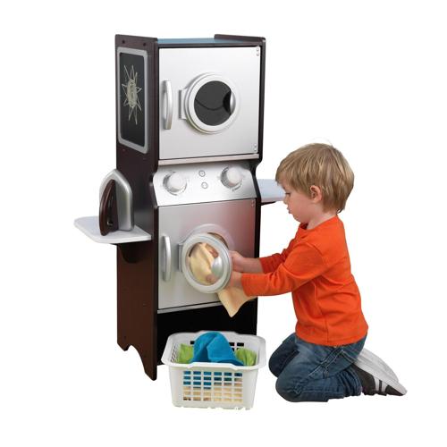KidKraft Wooden Laundry Play Set, Stacking Washer and Dryer with Iron and Basket, Espresso