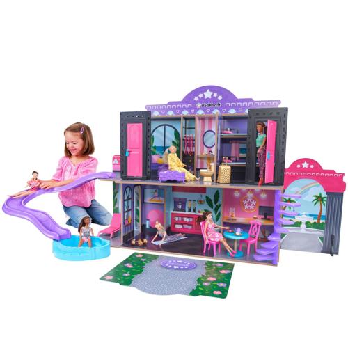 KidKraft 2-in-1 Wooden Hotel and Waterslide Dollhouse with 32 Accessories