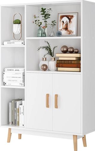 Homfa 5 Cube Bookcase with Door, Open Shelves Free Standing Storage Cabinet with Solid Legs, White Finish
