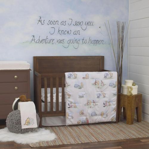 Disney Winnie the Pooh Classic Pooh Ivory, Blue, Sage, Tan Storybook 6 Piece Nursery Crib Bedding Set - Comforter, 2 Fitted Crib Sheets, Dust Ruffle, Baby Blanket, Changing Pad Cover