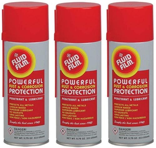Fluid Film (3 Aerosol Cans) Rust and Corrosion Protection; Metal Surface Penetrant and Lubricant, Marine, Automotive, Industrial, Home, 11.75 Oz