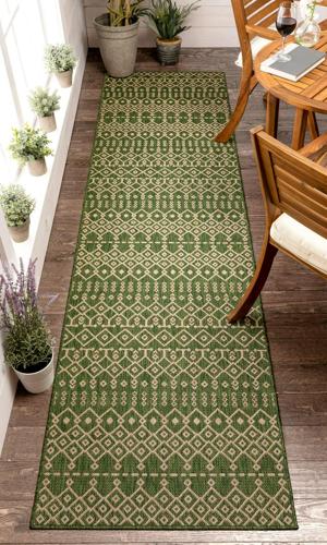 Well Woven Medusa Nord Moroccan Tribal Green 2'7*9'10 Indoor/Outdoor Flat-Weave Runner Rug