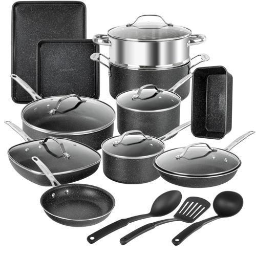 Granite Stone 20 Piece Complete Cookware + Bakeware Set with Ultra Non-stick 100% PFOA Free Coatinga Includes Frying Pans, Saucepans, Stock Pots, Steamers, Cookie Sheets and Baking Pans