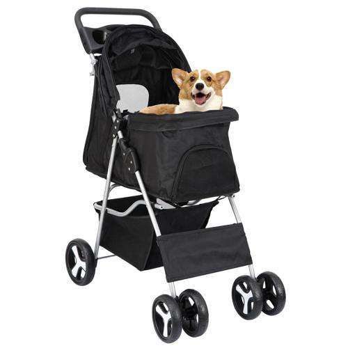 HomGarden 4 Wheel Pet Dog Stroller Foldable Carrier Strolling Cart for Small Medium Dog, Cat W/ Storage Basket and Cup Holder