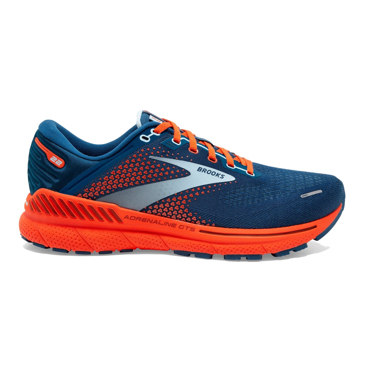 Men's Brooks Adrenaline GTS 22, Blue/Light Blue/Orange, 9 D Medium