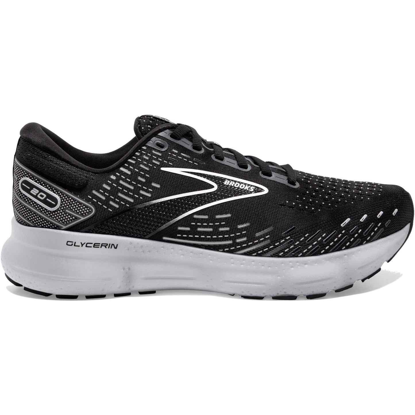 Men's Brooks Glycerin 20, Black/White/Alloy, 10.5 2E Wide