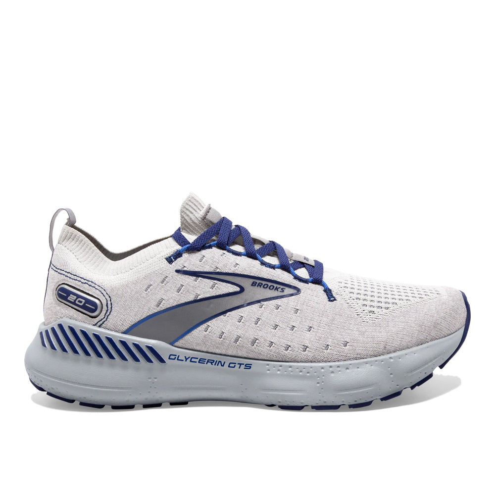 Men's Brooks Glycerin StealthFit GTS 20, Oyster/Alloy/Blue Depths, 9.5 D Medium