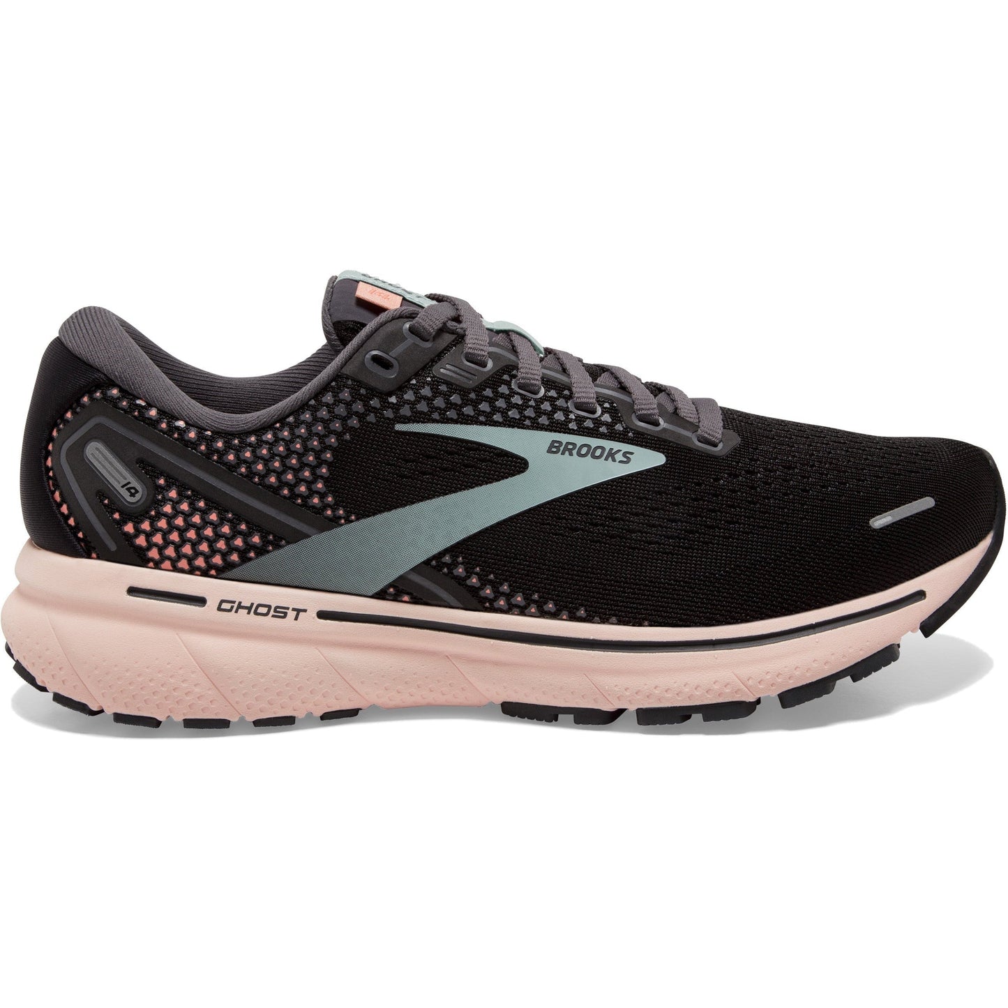 Women's Brooks Ghost 14, Black/Pearl/Peach, 6 B Medium