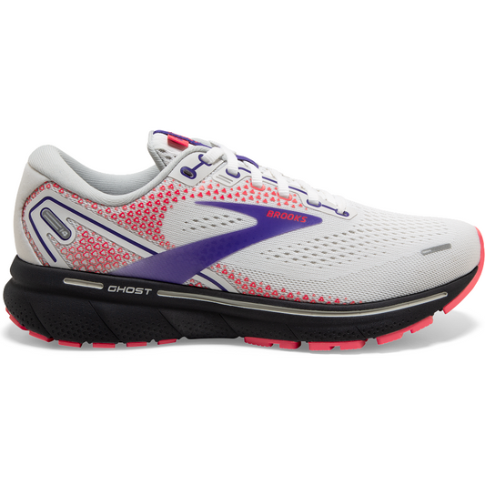 Women's Brooks Ghost 14, White/Purple/Coral, 7 B Medium