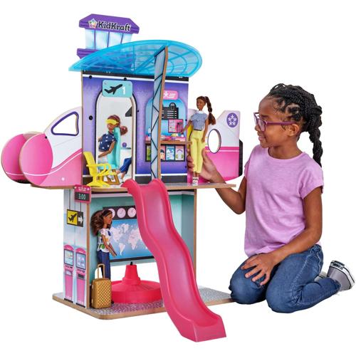 KidKraft Luxe Life 2-in-1 Wooden Airport and Jet Plane Doll Play Set with 15+ Accessories
