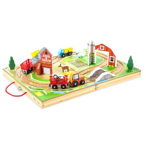 Melissa and Doug 17-Piece Wooden Take-Along Tabletop Farm, 4 Farm Vehicles, Play Pieces, Barn, Grain House