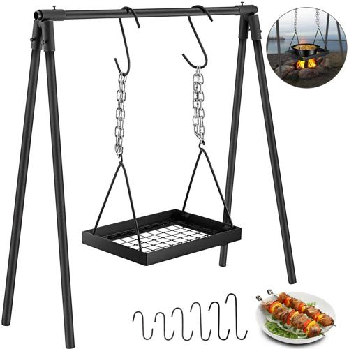 VEVOR Swing Grill Campfire Cooking Stand Outdoor Picnic Cookware Bonfire Party Equipment, Adjustable Heightwith Hooks, Black