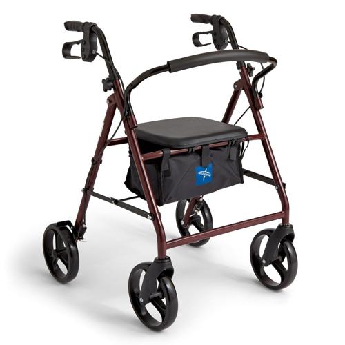 Medline Strong Steel Rollator, Folding Rolling Walker, 8 Wheels, 350lb Weight Capacity, Red Frame