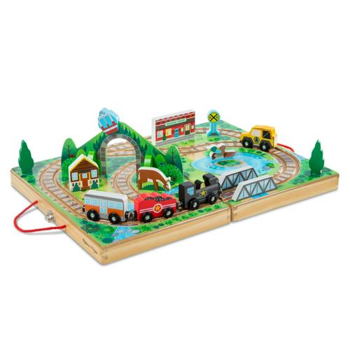 Melissa and Doug 17-Piece Wooden Take-Along Tabletop Railroad, 3 Trains, Truck,Play Pieces, Bridge