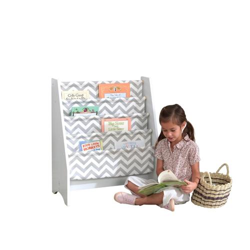 KidKraft Wood and Canvas Sling Bookshelf - White and Gray