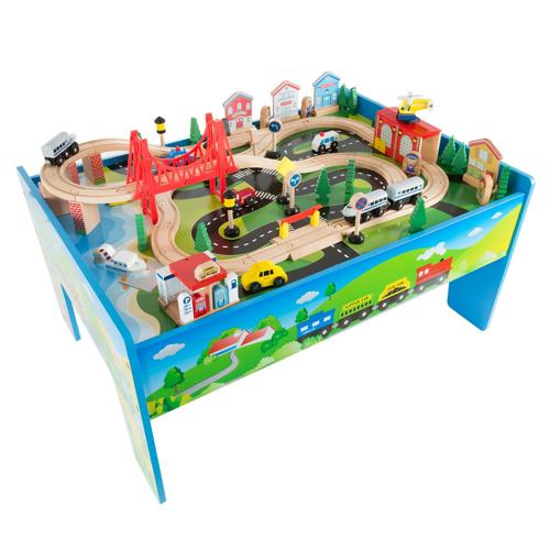 Hey! Play! Wooden Train Set and Table for Kids - Complete Set with 75 Pieces