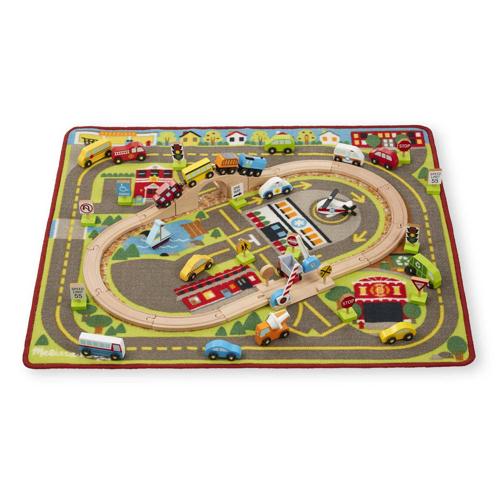 Melissa and Doug Deluxe Multi-Vehicle Activity Rug (39.5 x 36.5 ) - 19 Vehicles, 12 Wooden Signs, Train Tracks