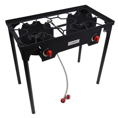 Gas One Propane Double Burner Two Burner Stove Outdoor High Pressure Propane 2 Burner High Pressure Adjustable Regulator and Steel Braided Hose