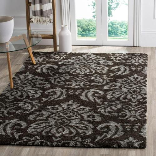 SAFAVIEH Florida Desmond Damask Plush Shag Area Rug, Dark Brown/Smoke, 5'3*7'6