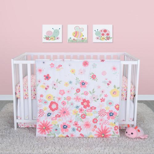 Sammy And Lou Floral Sprinkles 4 Piece Crib Bedding Set. Floral Scatter Print In Pink, White, Yellow, Teal, Aqua And Green.