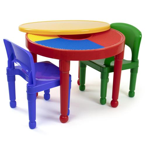 Humble Crew Kids 2-in-1 Plastic Dry Erase and Activity Table and 2 Chairs Set, Red, Green and Blue