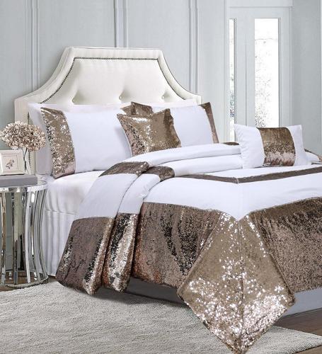 HIG 5 Piece Glitter Flip Sequins Comforter Set with Down Alternative Polyfilling,All Season Bedset,High-quality Comforter Bed Set,King Size,Patch Work,White/Gold(Bella-King,White)