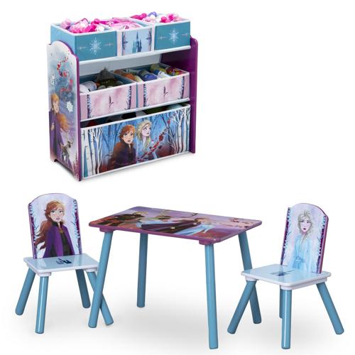 Disney Frozen II 4-Piece Playroom Solution by Delta Children a Set Includes Table and 2 Chairs and 6-Bin Toy Organizer