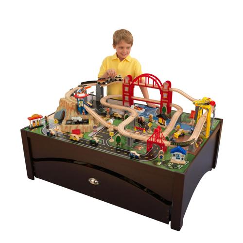 KidKraft Metropolis Wooden Train Set and Table with 100 Pieces and Storage Drawer, Espresso