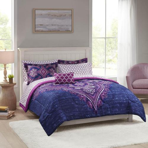 Mainstays Purple Medallion 8 Piece Bed in a Bag Comforter Set With Sheets, King