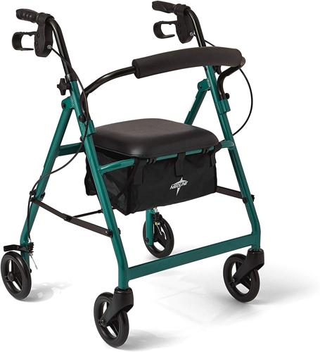 Medline Lightweight Aluminum Rollator, Folding Rolling Walker, 6 Wheels, 250lb Weight Capacity, Green Frame