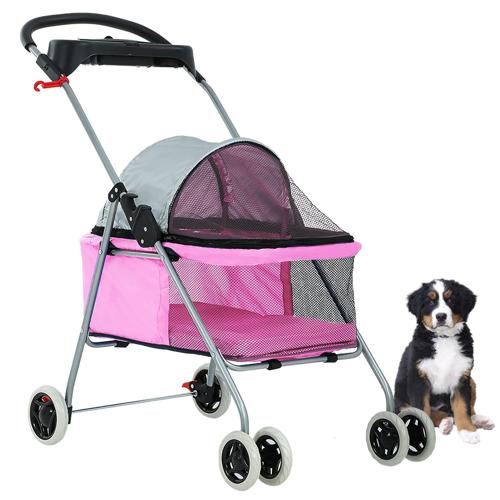 Furinno Peli Foldable Pet Stroller for Medium size Dogs Cats with Rain Cover, Pink