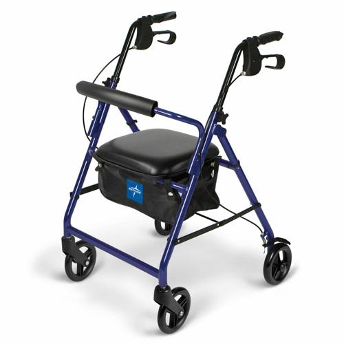 Medline Lightweight Aluminum Rollator, Folding Rolling Walker, 6 Wheels, 250lb Weight Capacity, Blue Frame