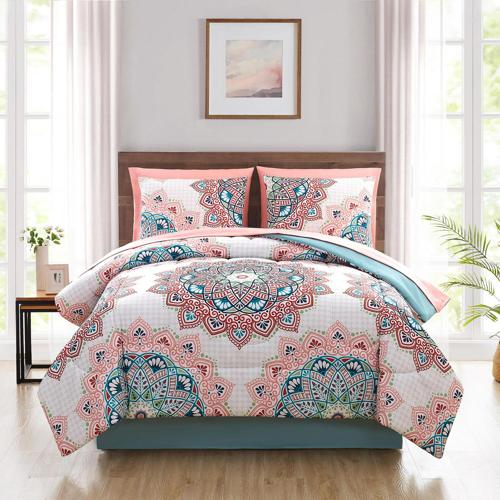 Mainstays Pink and Teal Medallion 8 Piece Bed in a Bag Comforter Set with Sheets, Full