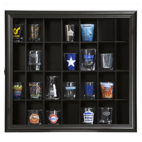 Gallery Solutions 18&#215;16 Shot Glass Display Case with Hinged Front, Black