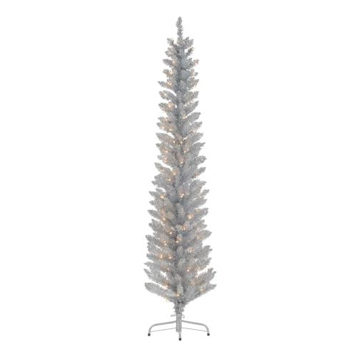 Holiday Time 6ft Pre-Lit Silver Tinsel Christmas Tree, Silver, 6', Clear