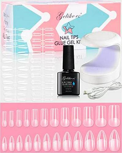 Gelike EC Soft Gel Nail Tip and Glue Gel Kit, Resin Gel X Nail Tips with Full Cover and Etched, Acrylic Nail Extensions Kit with Portable UV Light 240PCS Almond and Square Shape
